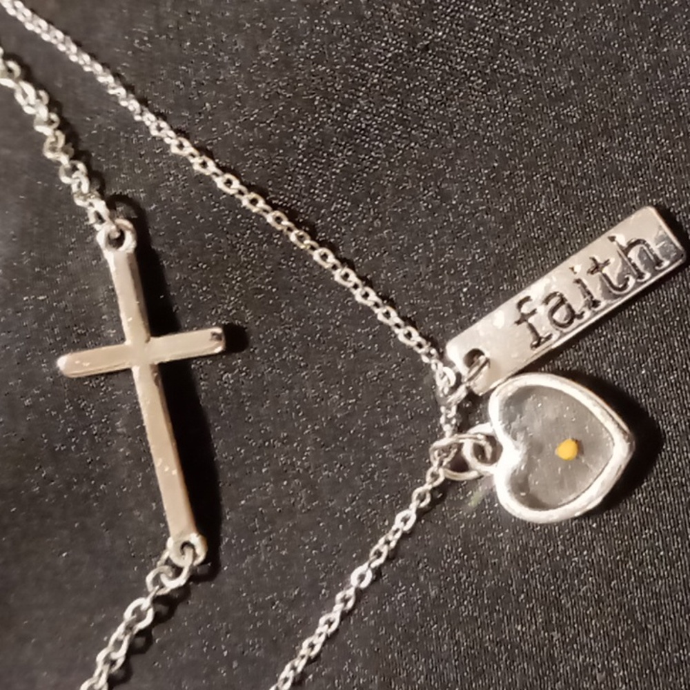Layered in faith heart charm with a mustard seed faith charm & cross